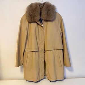 Marvin Richards Genuine Leather Fox Fur Collar Zip Parka Jacket Tan Womens Small